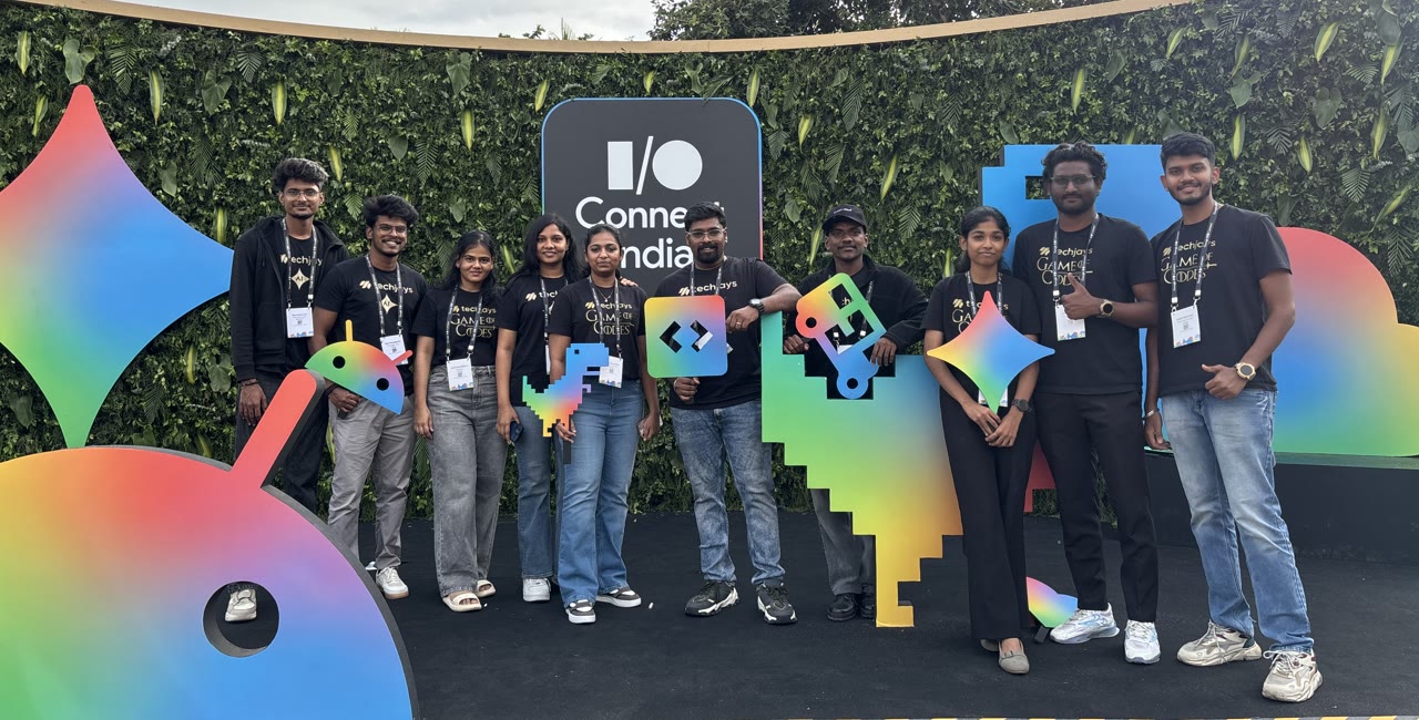 The Techjays group in front of the I/O Connect India wall