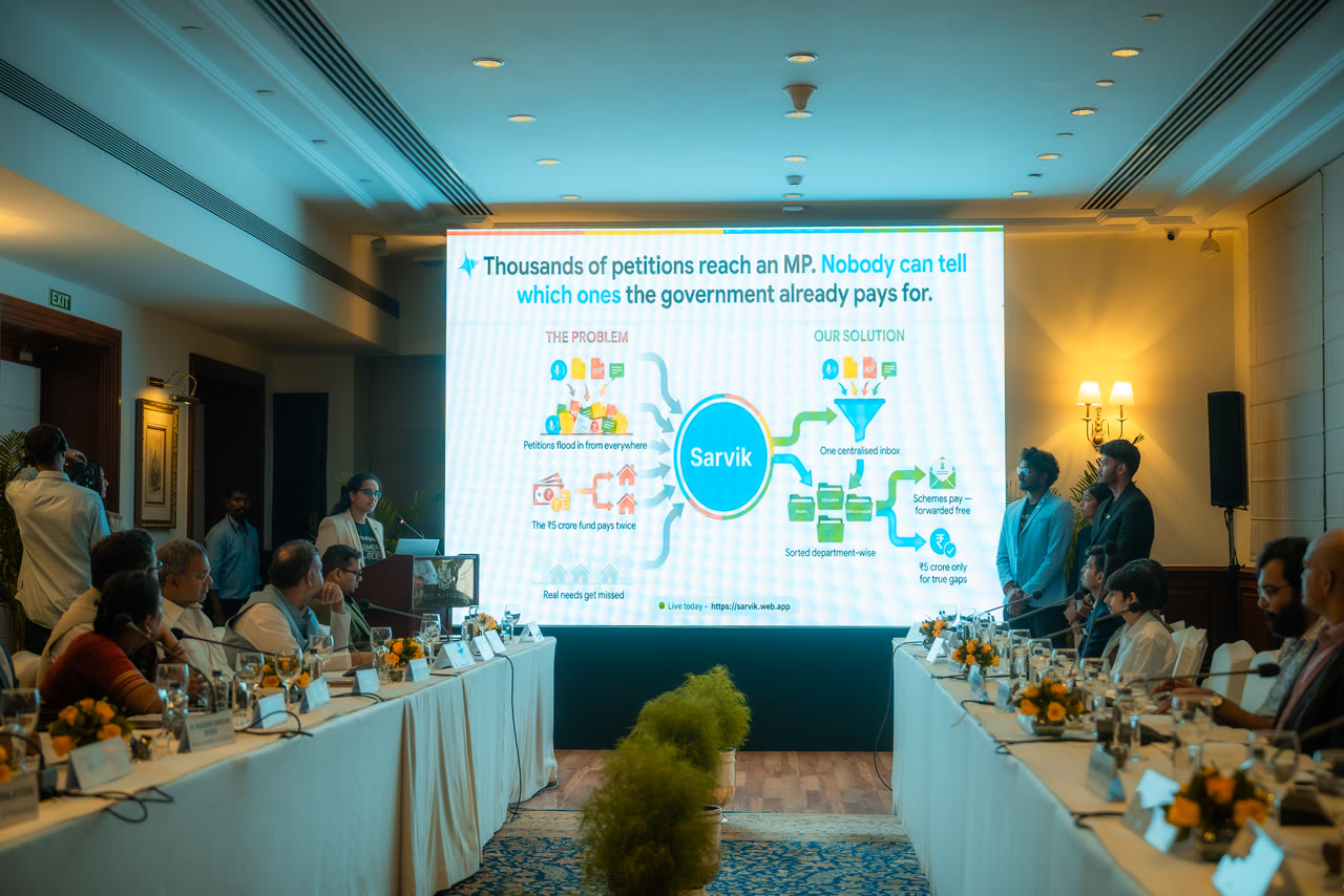 Sarvik's first slide on the big screen as the team presents to Members of Parliament